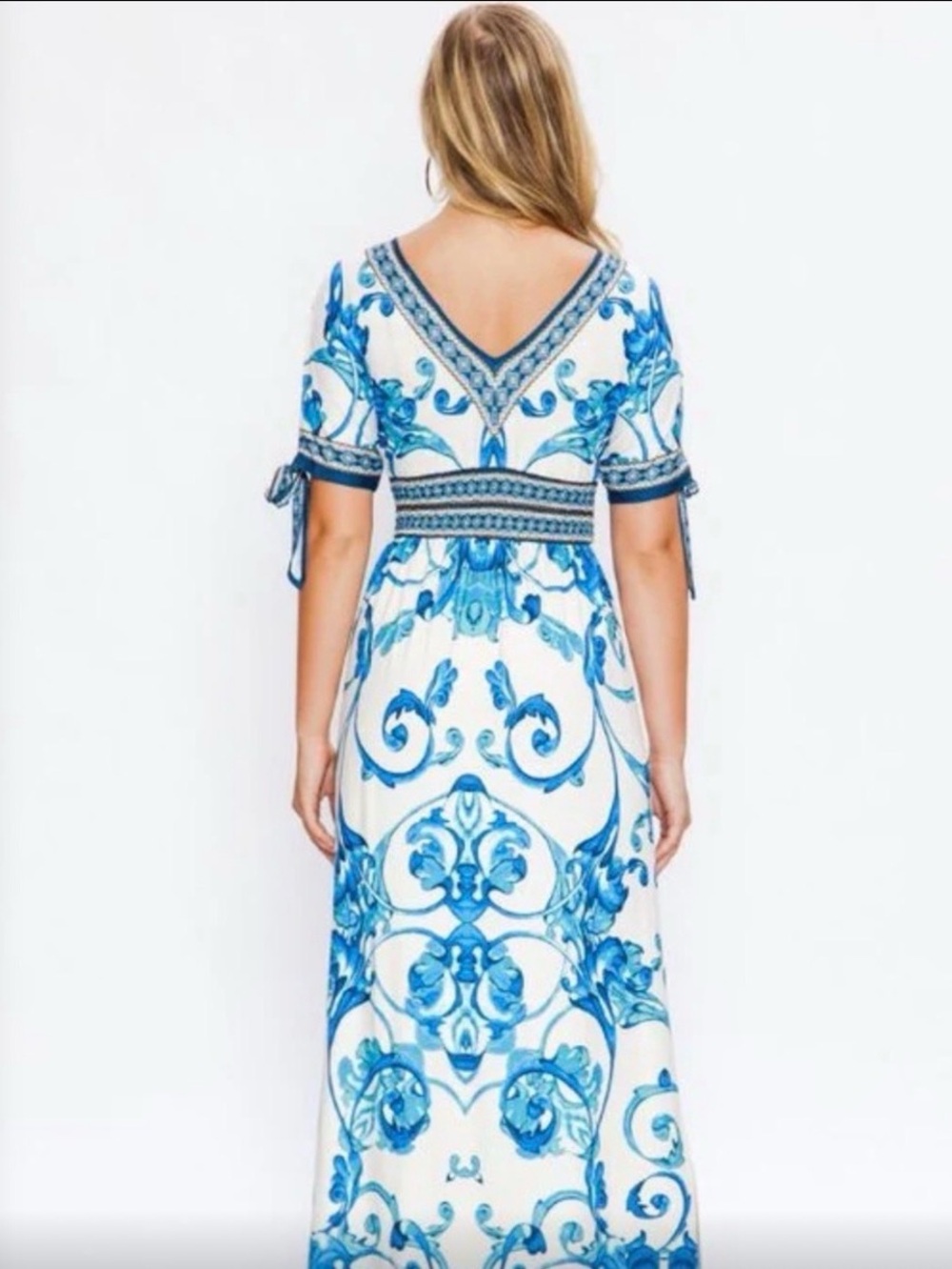 Boston Proper White Maxi Dress with Blue Floral Scroll Print XL - Picture 3 of 6